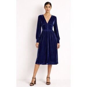 Boden Velvet Velour Tea Midi Dress Long Sleeve Buttons Blue SZ 4